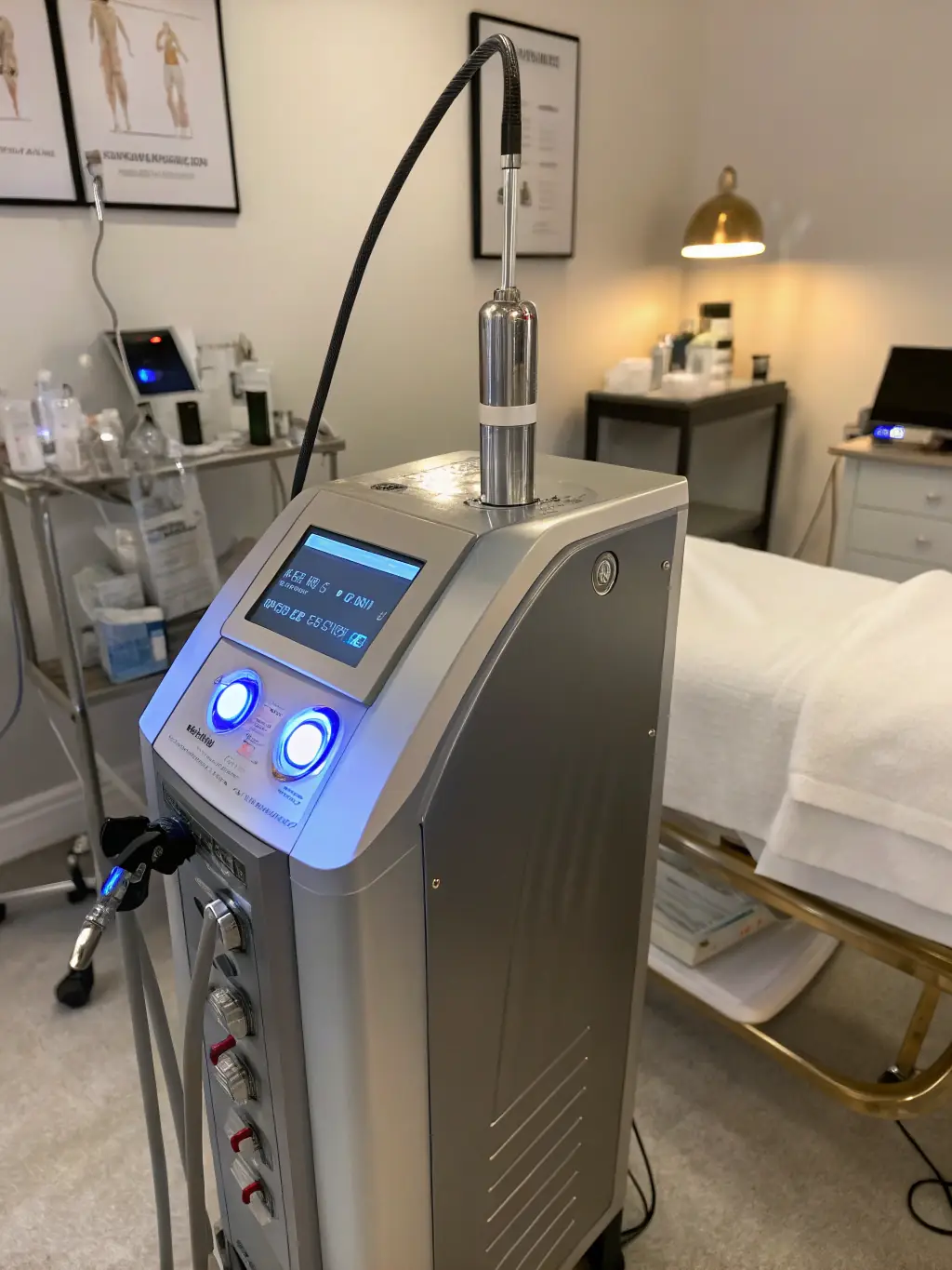 A modern laser hair removal machine in a clean, professional clinic setting, highlighting the advanced technology used at Sayuli Cosmetics AB.