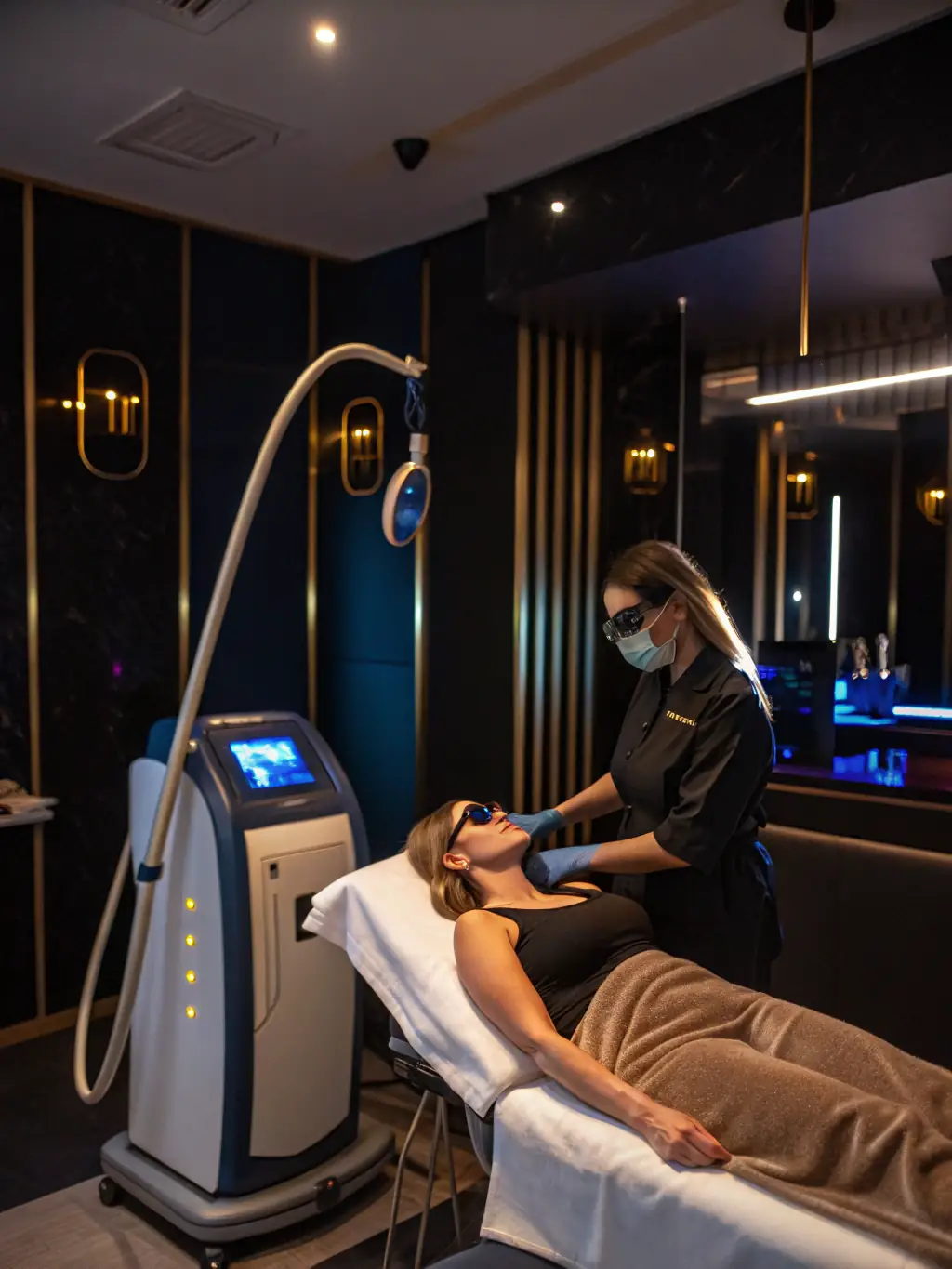 A close-up image of a client receiving laser hair removal on the leg with modern laser equipment, showcasing the precision and care taken during the procedure.