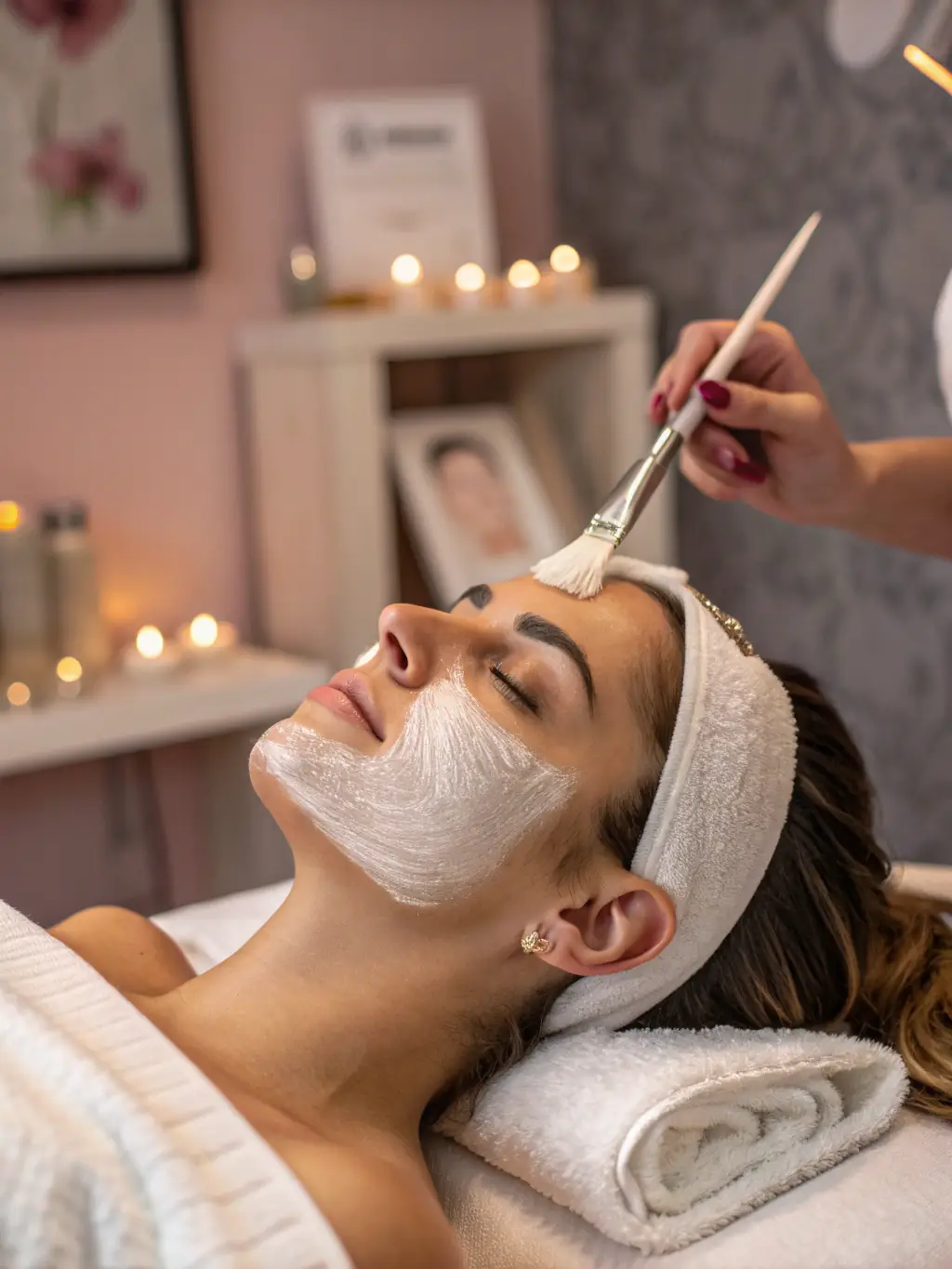 A relaxing facial treatment in progress with a client lying comfortably in a treatment room, highlighting the serene and professional environment.